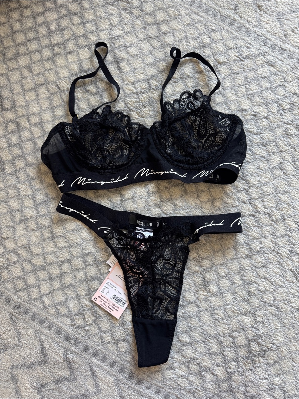 Missguided Black Lace Underwire Bra & Lace Thong Set
